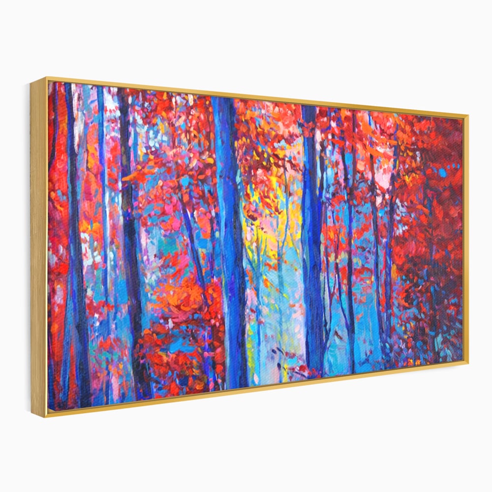 Tablou canvas cu pictura in ulei cu padure de toamna, in rama de aluminiu auriu
